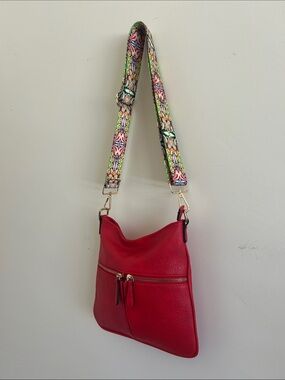 Red Pebbled Crossbody Bag with Psychedelic Strap